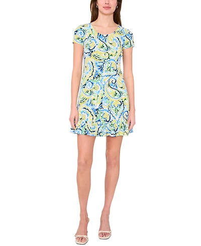 Msk Petite Paisley-Print Short-Sleeve Shift Dress