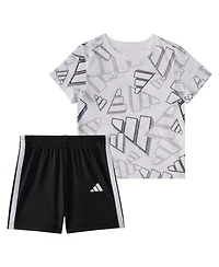 adidas Baby Boys 2-Piece Short Sleeve Printed 3D Logo Toss T-Shirt and Shorts Set