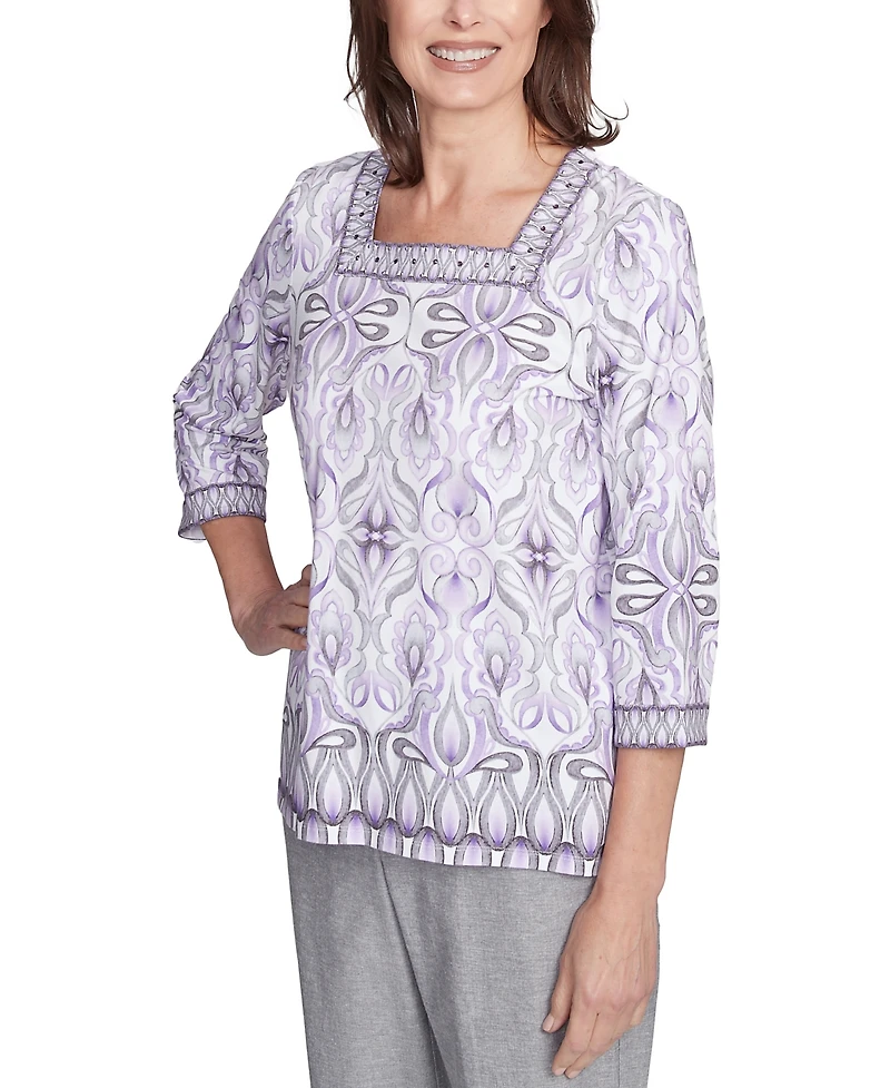 Alfred Dunner Petite Crystal Springs Border Medallion Kaleidoscope Top