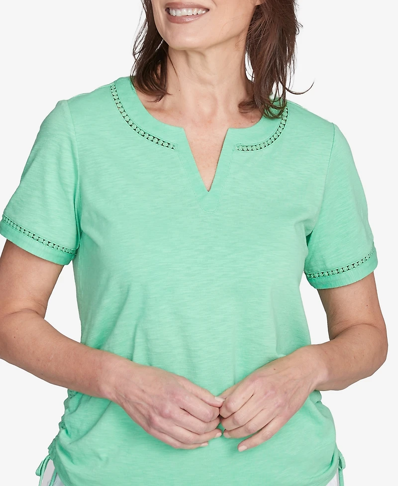 Alfred Dunner Petite Rise & Shine Dot Lace Trimmed Short Sleeve Top