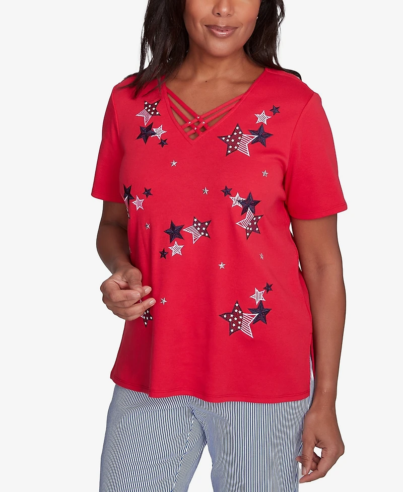 Alfred Dunner Petite Land of The Free Embroidered Stars Crisscross V-Neck Top