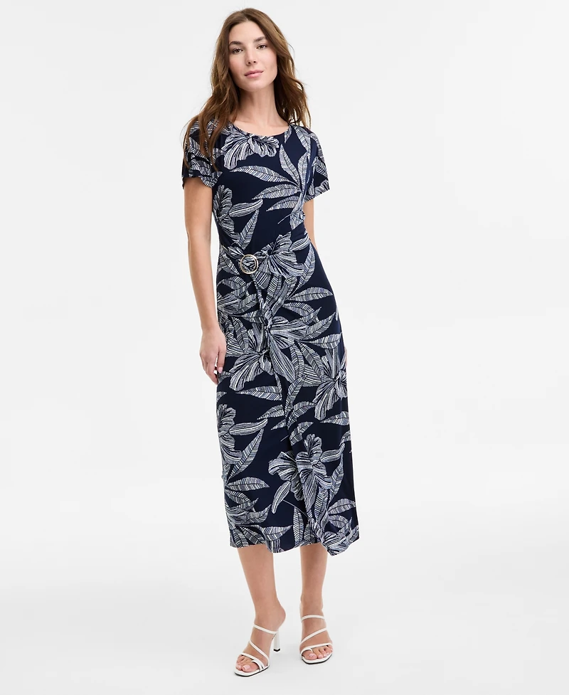 Robbie Bee Women's Printed Round-Neck Faux-Wrap Dress