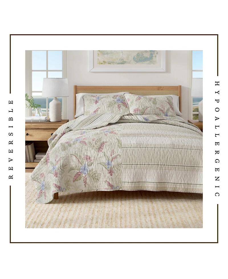 Linery & Co. Cotton Stitched Reversible Tropical Palm 3 Piece Quilt and Sham Set