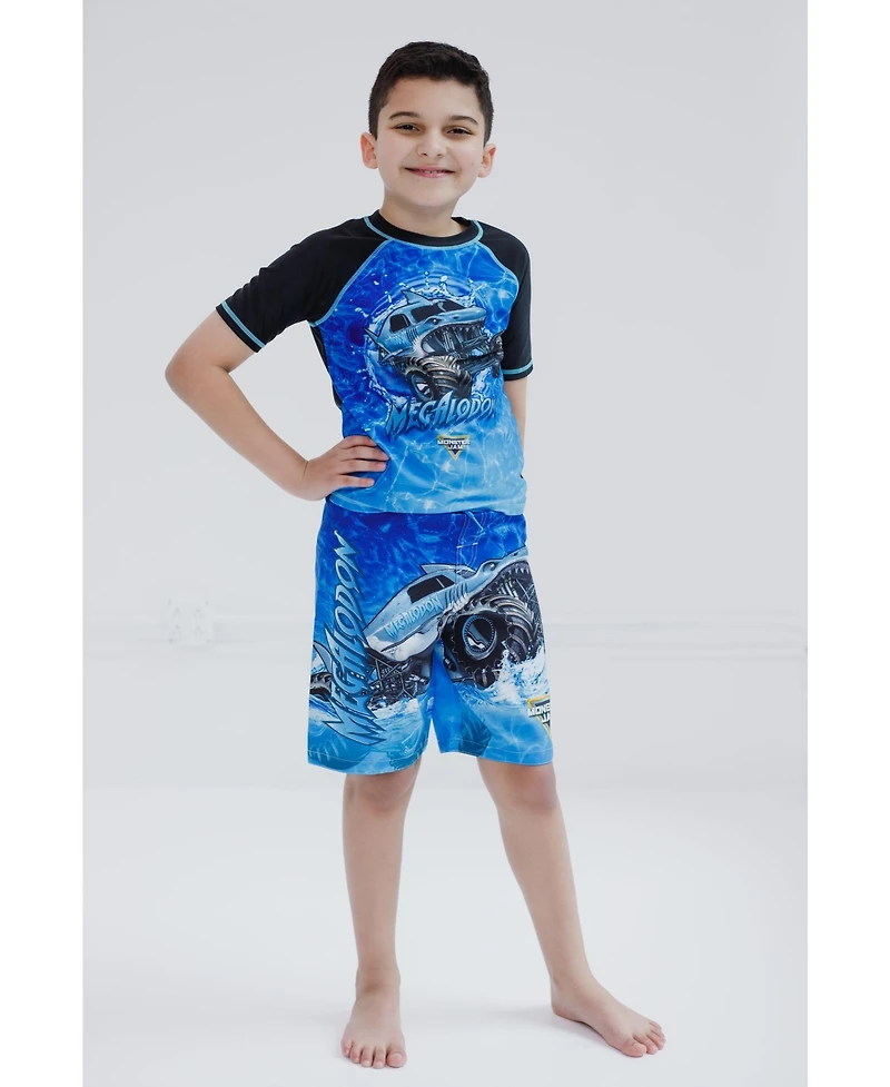 Monster Jam Boys Pullover Rash Guard and Swim Trunks Outfit Set
