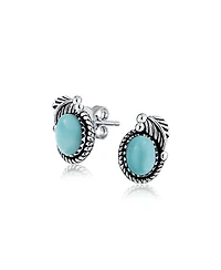 Bling Jewelry Native American Style Natural Larimar Round Bezel Leaf Rope Edged Stud Earrings Western Jewelry Oxidized .925 Sterling Silver