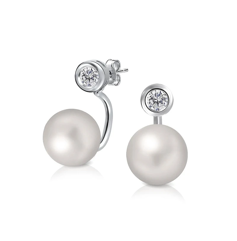 Bling Jewelry Modern Cz Solitaire Earring Jacket with Simulated Pearls in Sterling Silver
