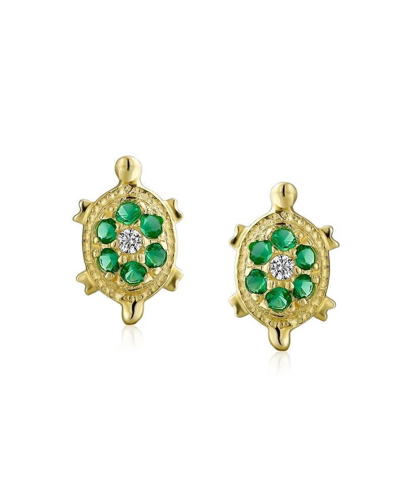 Bling Jewelry Petite Nautical Pave Cz Green Tortoise 14K Gold Stud Earrings with Secure Back