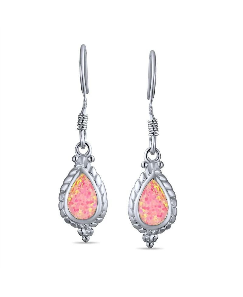 Bling Jewelry Antique Cable Milgrain Cameo Style Teardrop Iridescent White Created Opal Drop Dangle Earrings .925 Sterling Silver French Wire