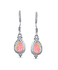 Bling Jewelry Antique Cable Milgrain Cameo Style Teardrop Iridescent White Created Opal Drop Dangle Earrings .925 Sterling Silver French Wire