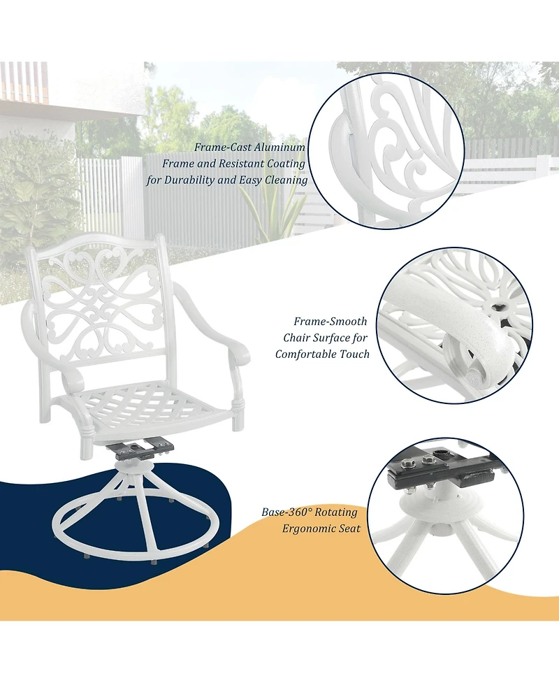 5-Piece Cast Aluminum Outdoor Conversation Set Outdoor Dining Table with Umbrella Hole Outdoor Swivel Rockers Patio Dining Chairs in White