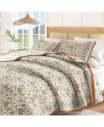 Linery & Co. Cotton Stitched Reversible Boho Floral 3 Piece Quilt and Sham Set - Regal garden