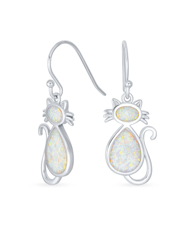 Bling Jewelry Cute Sweet Animal Pet Sitting Kitten Kitty Kat White Created Opal Curious Cat Dangle Earrings .925 Sterling Silver