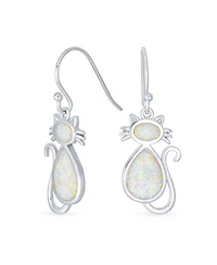 Bling Jewelry Cute Sweet Animal Pet Sitting Kitten Kitty Kat White Created Opal Curious Cat Dangle Earrings .925 Sterling Silver