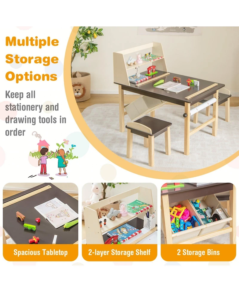 Kids Art Table and Chairs Set with Paper Roll and Storage Bins