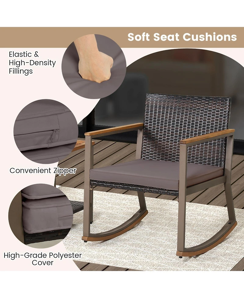 3 Pieces Rattan Rocking Bistro Set with Table and Cushions