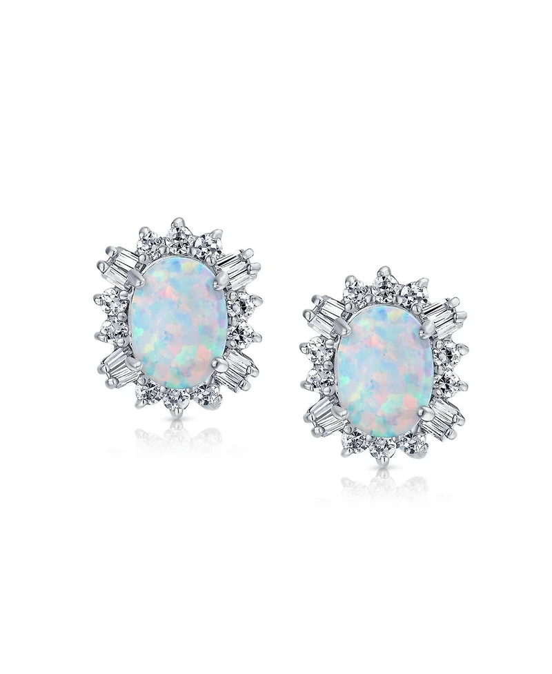 Bling Jewelry Estate Style Jewelry Oval Created Opal Crown Baguette Halo Cz Stud Earrings .925 Sterling Silver 12MM