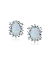 Bling Jewelry Estate Style Jewelry Oval Created Opal Crown Baguette Halo Cz Stud Earrings .925 Sterling Silver 12MM