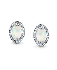 Bling Jewelry Traditional Victorian Style White Oval Created Opal Stud Earrings .925 Sterling Silver Halo