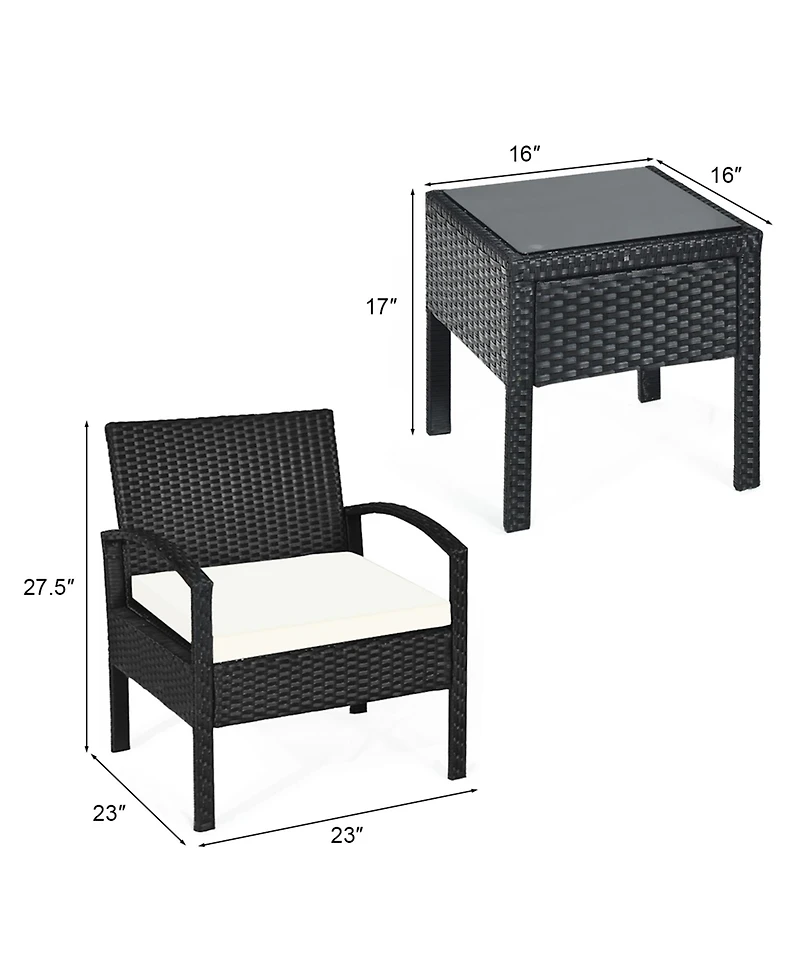 Gymax 3 Piece Patio Rattan Furniture Set Conversation Sofa w/ Cushions