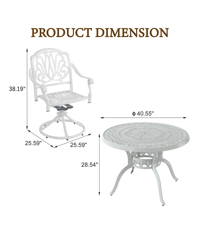 5-Piece Cast Aluminum Outdoor Dining Set Patio Table with Umbrella Hole Outdoor Swivel Rockers Patio Dining Chairs in White