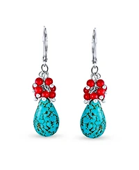Bling Jewelry Boho Dangle Earrings with Created Red Coral and Blue Turquoise Teardrop Accents