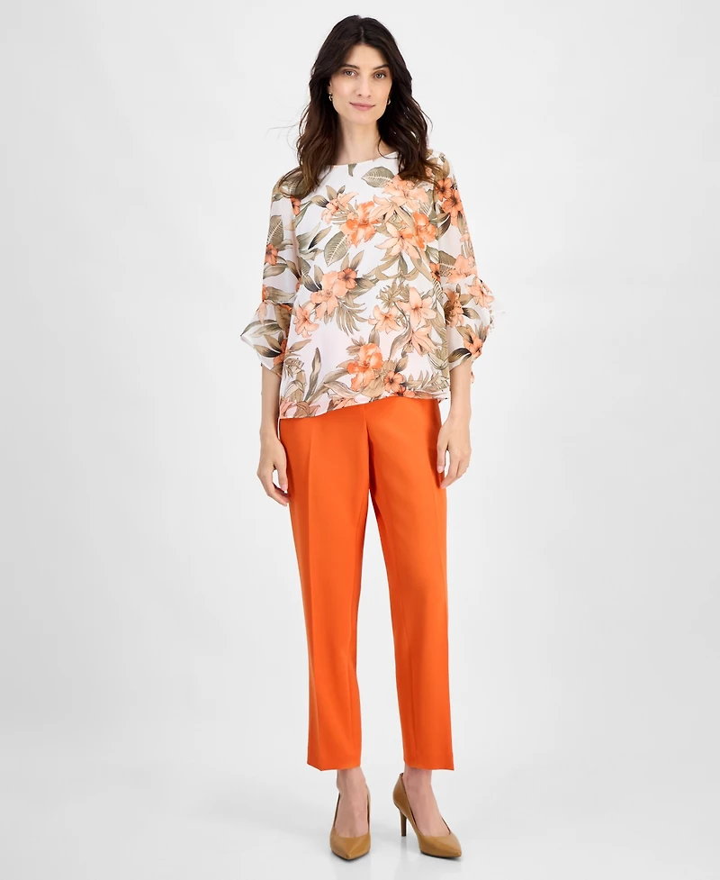 Kasper Women's Floral Boat-Neck Ruffle-Sleeve Blouse, Regular & Petite Sizes