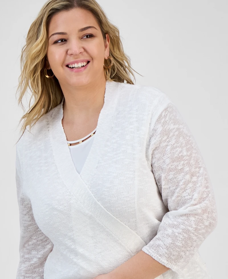 Kasper Plus Collarless Open-Front Cardigan Sweater