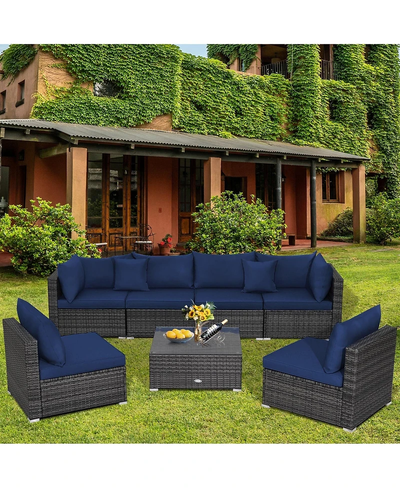 Gymax 7PCS Patio Rattan Sectional Sofa Set Outdoor Furniture w/ Cushions
