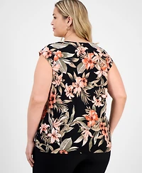Kasper Plus Size Printed Cowlneck Cap-Sleeve Knit Top