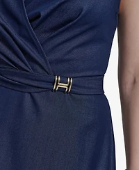 Halston Women's Sleeveless Halter-Neck Faux-Wrap Midi Dress