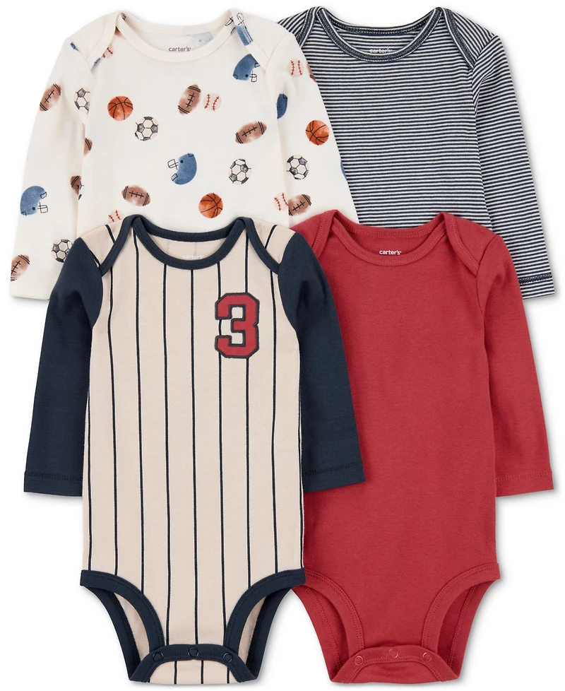 Carter's Baby Boys Cotton Sports Jersey Long-Sleeve Bodysuits, 4 Pack