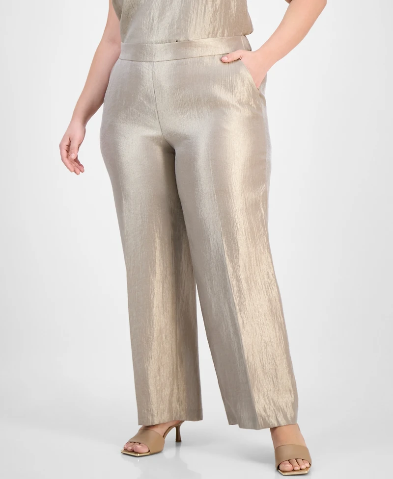 Kasper Plus Metallic Wide-Leg Pull-On Pants