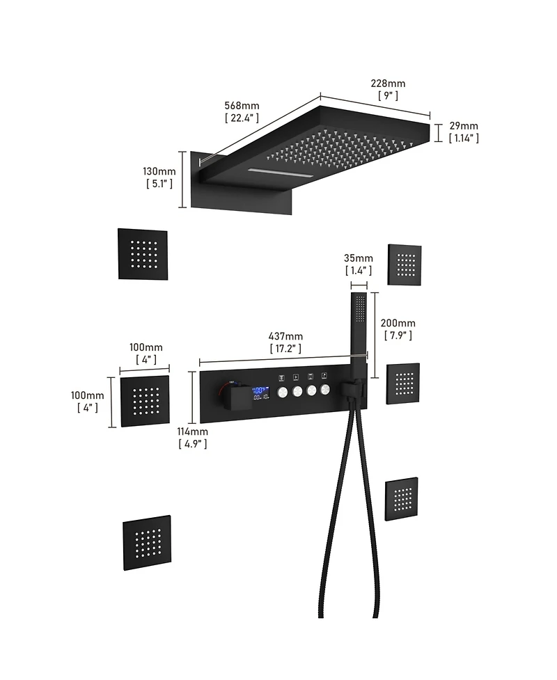 Mondawe Thermostatic Wall Mounted Complete Shower System with Digital Display and Body Jets