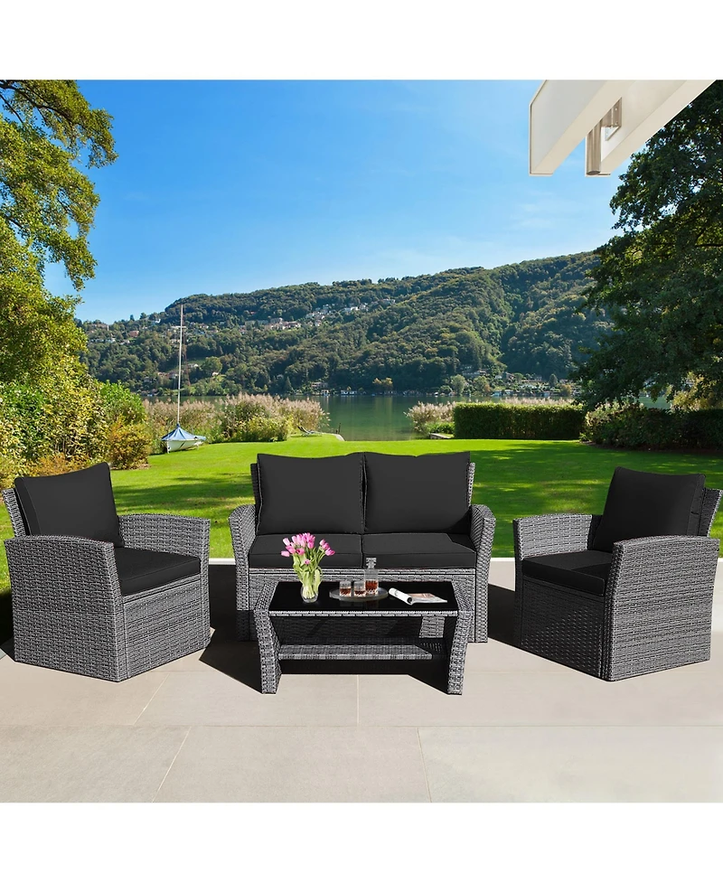 Gymax 4 Piece Outdoor Furniture Set Patio Rattan Conversation Set w/ Cushions