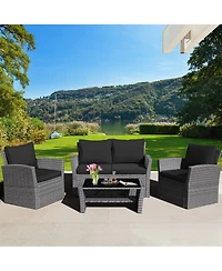 Gymax 4 Piece Outdoor Furniture Set Patio Rattan Conversation Set w/ Cushions