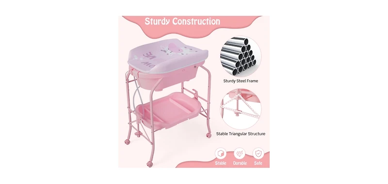Folding Baby Changing Table with Bathtub and 4 Universal Wheels