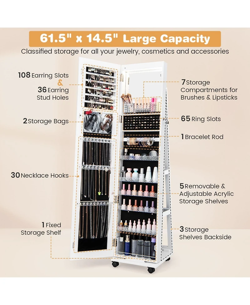 64 Inches Lockable Jewelry Cabinet Armoire with Built-in Makeup Mirror