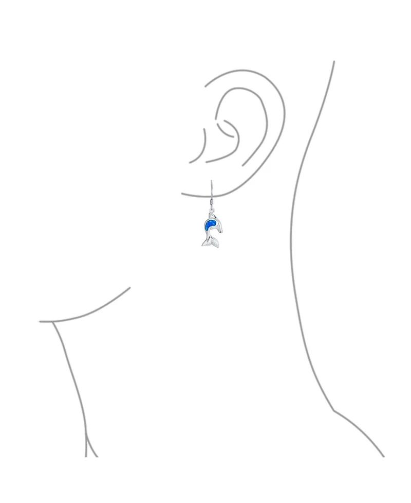 Bling Jewelry Created Blue Opal Inlay Nautical Ocean Marine Hawaiian Sea Life Dolphins Dangle Earrings .925 Sterling Silver Wire Fish Hook