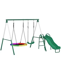 Qaba Metal Swing Set with Slide, Heavy Duty Swing Set,