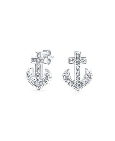 Bling Jewelry Whimsical Nautical Cz Stud Earrings with Boat Anchor, Pave Cubic Zirconia, Sterling Silver