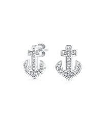 Bling Jewelry Whimsical Nautical Cz Stud Earrings with Boat Anchor, Pave Cubic Zirconia, Sterling Silver