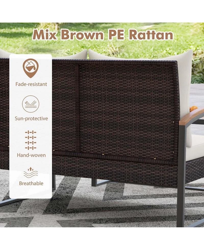 Gymax Set of 2 Pe Wicker Furniture Set Loveseat w/ Acacia Wood Coffee Table Patio