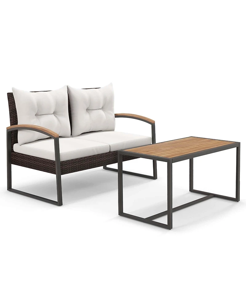 Gymax Set of 2 Pe Wicker Furniture Set Loveseat w/ Acacia Wood Coffee Table Patio