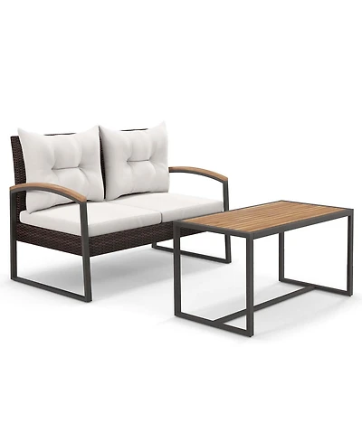 Gymax Set of 2 Pe Wicker Furniture Set Loveseat w/ Acacia Wood Coffee Table Patio