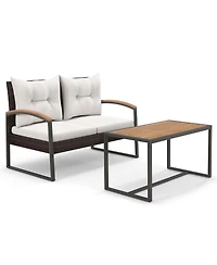 Gymax Set of 2 Pe Wicker Furniture Set Loveseat w/ Acacia Wood Coffee Table Patio