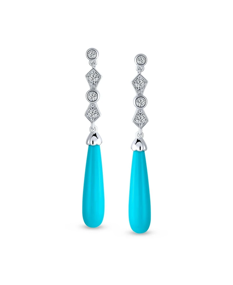 Bling Jewelry Elegant Long Linear Cubic Zirconia Cz Stabilized Turquoise Elongated Teardrop Chandelier Earrings Sterling Silver