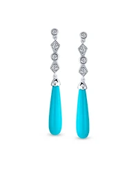 Bling Jewelry Elegant Long Linear Cubic Zirconia Cz Stabilized Turquoise Elongated Teardrop Chandelier Earrings Sterling Silver