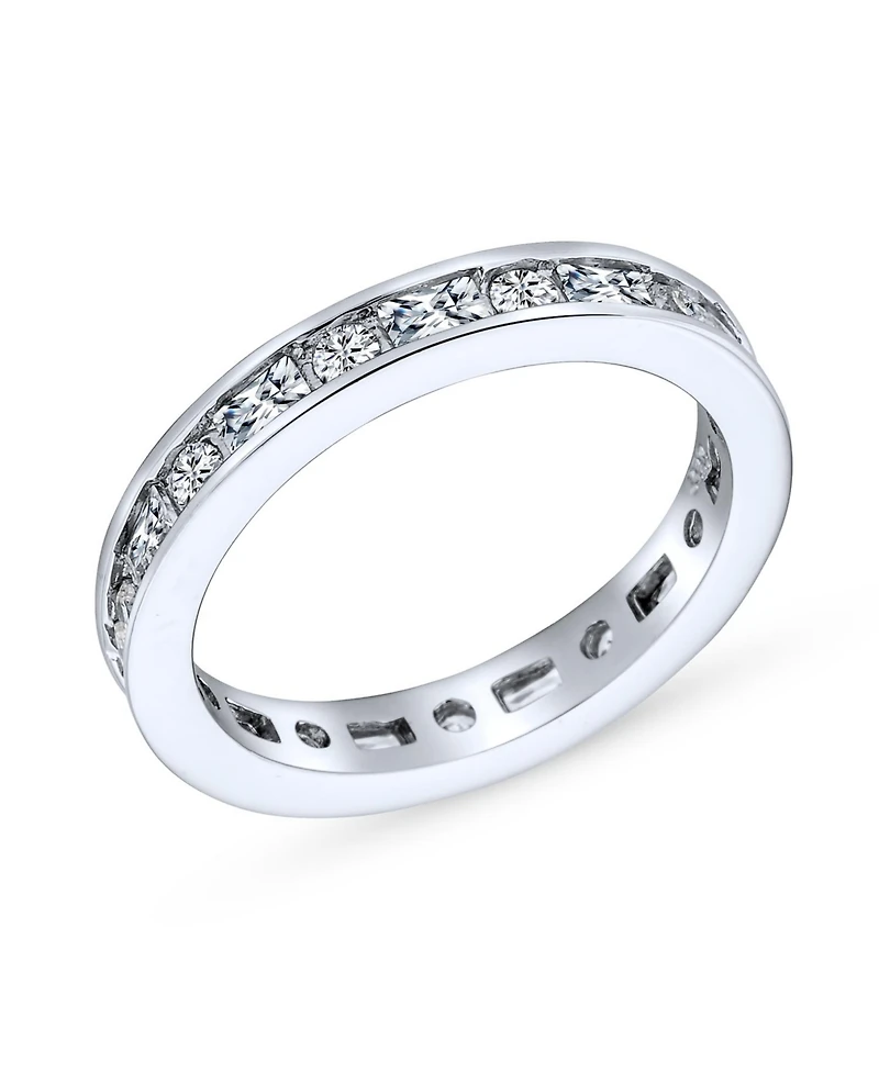 Bling Jewelry Minimalist Thin Pave Round Baguette Stackable Eternity Band Ring .925 Sterling Silver 2MM