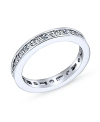 Bling Jewelry Minimalist Thin Pave Round Baguette Stackable Eternity Band Ring .925 Sterling Silver 2MM