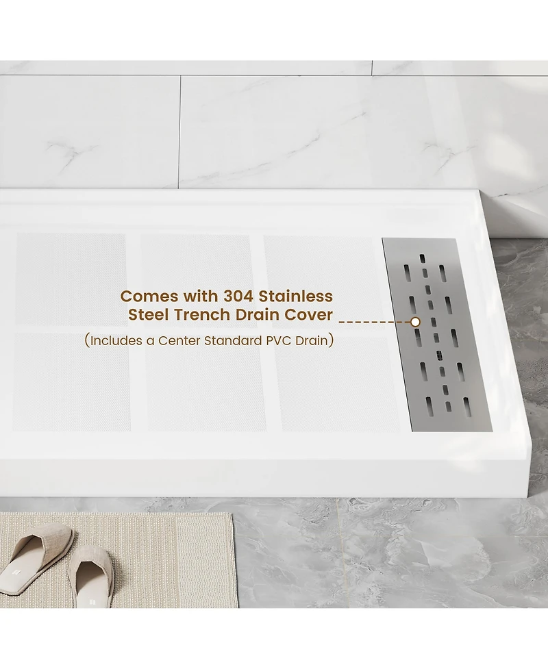 Casainc 60"W X 32"D Smc Single Threshold Shower Base Anti-Slip Shower Pan, Drain Assembly & Drain Cover Included